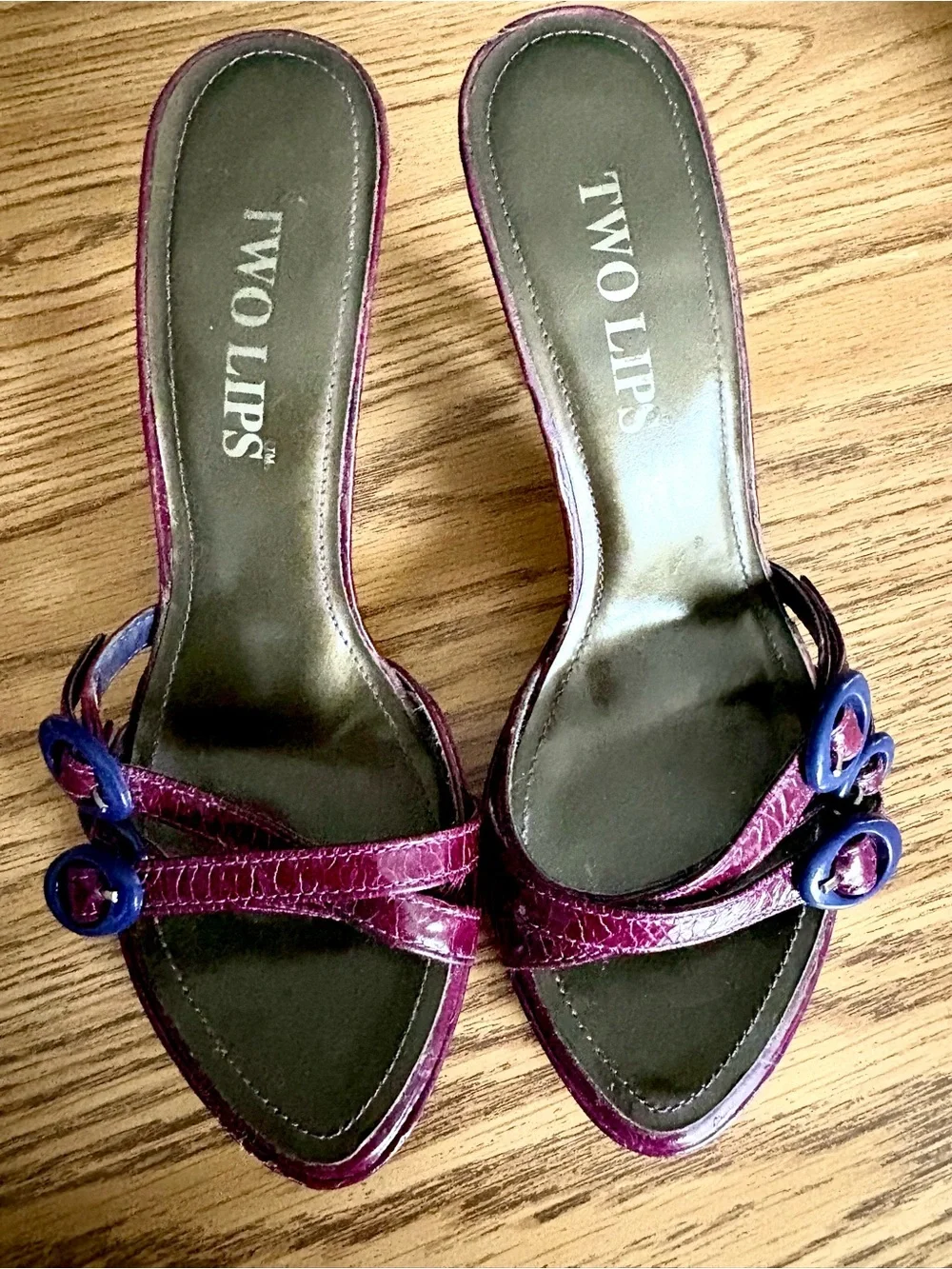 Vintage Two Lips Purple Croc Print Kitten Heel Sandals